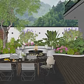 Lush Courtyard Garden With Outdoor Dining Table Chairs Fire Pit Green Plants And Wooden Deck