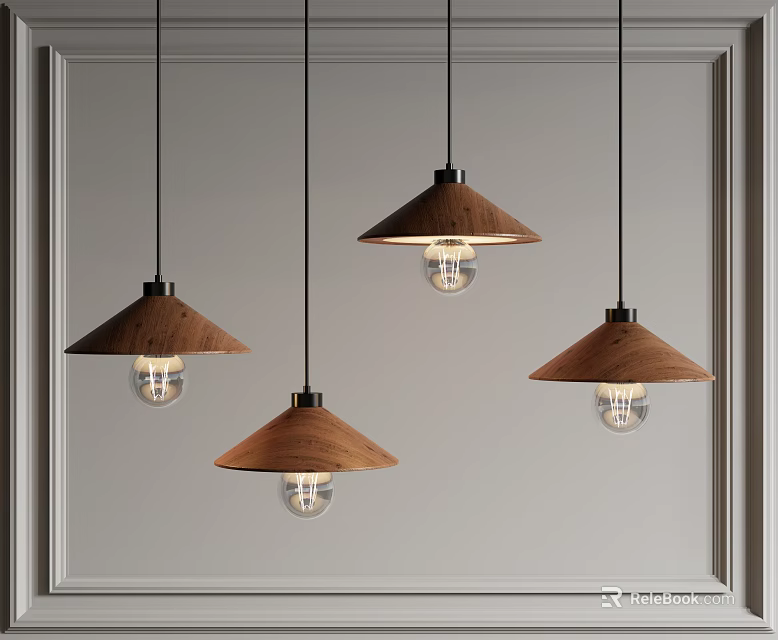 Four Wooden Shade Pendant Lights With Glass Globe Bulbs Hanging On White Wall 3d model 