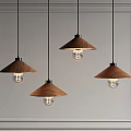 Four Wooden Shade Pendant Lights With Glass Globe Bulbs Hanging On White Wall