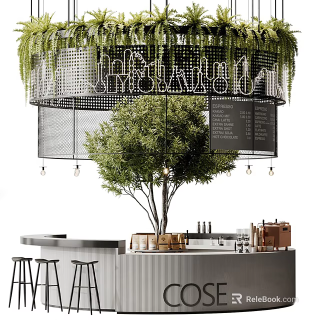 Stylish Bar Counter With Perforated Metal Decor Greenery Hanging Lights And Wooden Barrels 3d model 