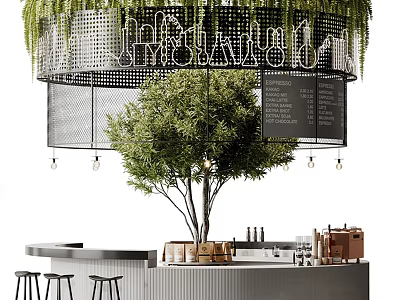 Stylish Bar Counter With Perforated Metal Decor Greenery Hanging Lights And Wooden Barrels 3d model