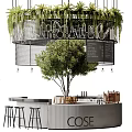 Stylish Bar Counter With Perforated Metal Decor Greenery Hanging Lights And Wooden Barrels