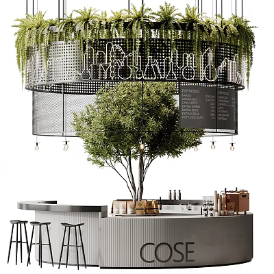 Stylish Bar Counter With Perforated Metal Decor Greenery Hanging Lights And Wooden Barrels 3d model