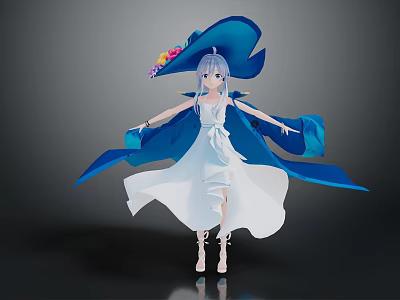 Anime Female Character With Long Blue Hair White Dress Blue Cape Hat And Flower Creature 3d model