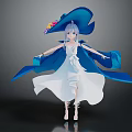 Anime Female Character With Long Blue Hair White Dress Blue Cape Hat And Flower Creature