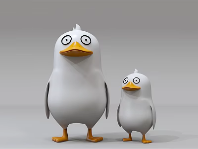 Big and small white duck dolls with big eyes and orange feet and beaks 3d model