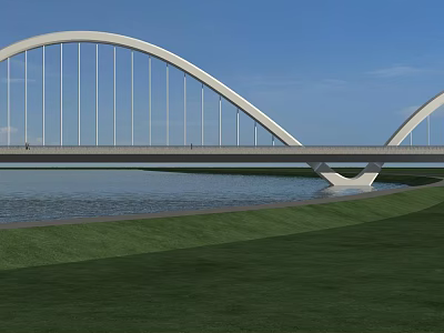 Modern Arch Bridge Spanning River With Green Grass And Blue Sky 3d model