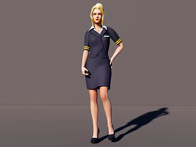 Woman In Professional Dark Blue Uniform Dress With White Collar And Yellow Trim Standing 3d model