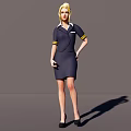 Woman In Professional Dark Blue Uniform Dress With White Collar And Yellow Trim Standing