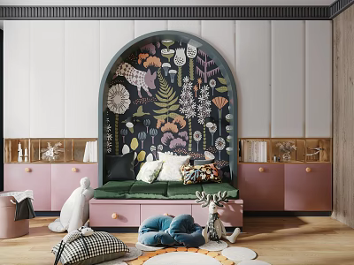Modern Pink Wooden Wardrobe With Drawers And Floral Decor In Kids Bedroom 3d model