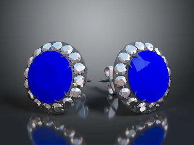 Elegant Round Blue Gemstone Earrings Surrounded by Small White Gemstones in Silver Setting 3d model