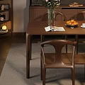Modern Wooden Dining Table Set With Chairs Bench Vase Fruit And Coffee