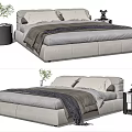 Modern Upholstered Double Bed With Light Gray Frame White Pillows Gray Blanket And Black Bedside Tables