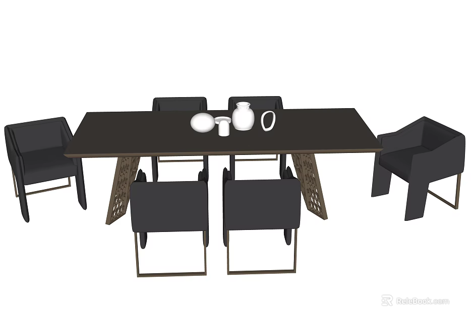 Modern Rectangular Dining Table Set With Black Chairs And Decorative Vase Bowl 3d model 