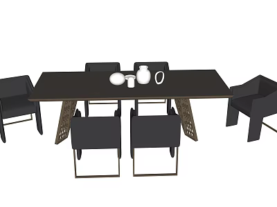 Modern Rectangular Dining Table Set With Black Chairs And Decorative Vase Bowl 3d model