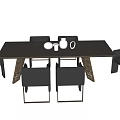 Modern Rectangular Dining Table Set With Black Chairs And Decorative Vase Bowl
