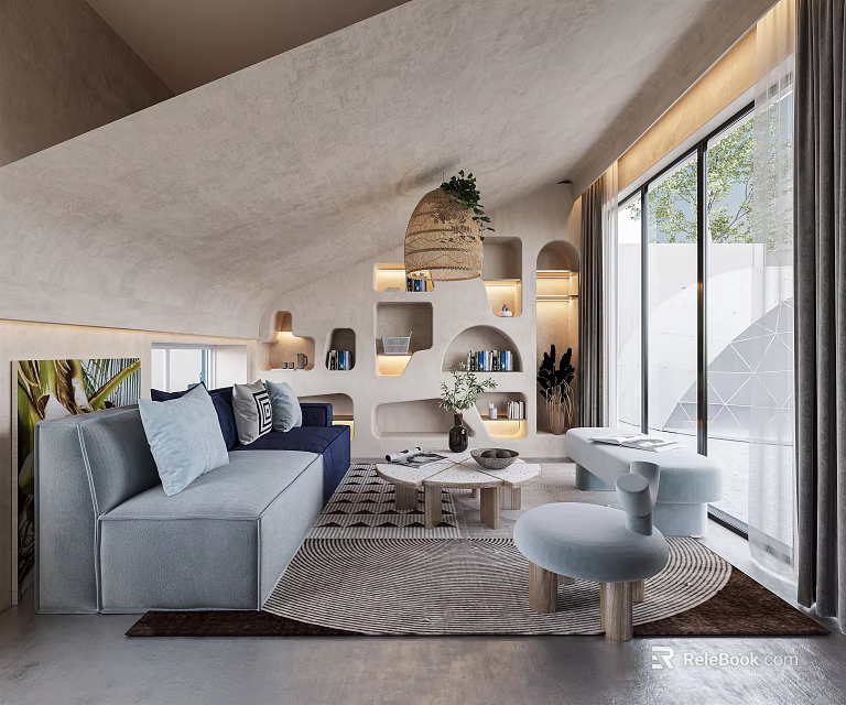 Modern Living Room Interior With Light Gray Sofa Round Coffee Table And Large Windows 3d model 