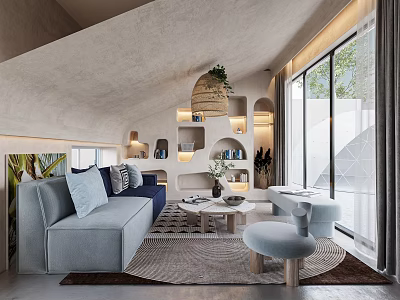 Modern Living Room Interior With Light Gray Sofa Round Coffee Table And Large Windows 3d model