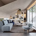 Modern Living Room Interior With Light Gray Sofa Round Coffee Table And Large Windows