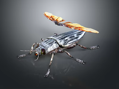 Vibrant Black and White Striped Beetle Showcasing Orange Wings With Black Spots on Dark Background 3d model