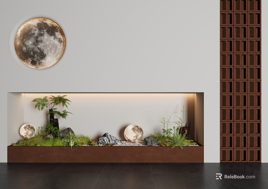 Serene Indoor Landscape With Moon Painting Green Plants Round Stones And Wooden Lattice 3d model 