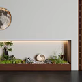 Serene Indoor Landscape With Moon Painting Green Plants Round Stones And Wooden Lattice