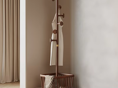 Wooden Coat Rack With Multiple Hooks And Checkered Basket In Modern Minimalist Interior 3d model