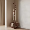 Wooden Coat Rack With Multiple Hooks And Checkered Basket In Modern Minimalist Interior