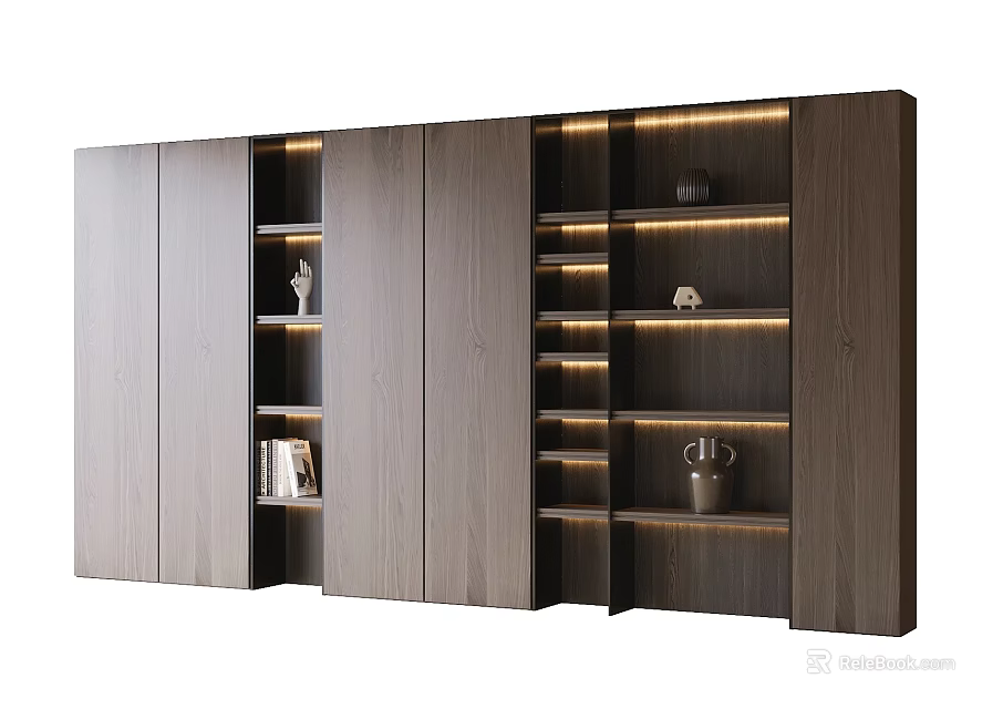 Modern Wooden Bookcase With Integrated LED Lighting And Open Closed Shelves 3d model 