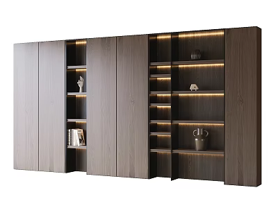 Modern Wooden Bookcase With Integrated LED Lighting And Open Closed Shelves 3d model