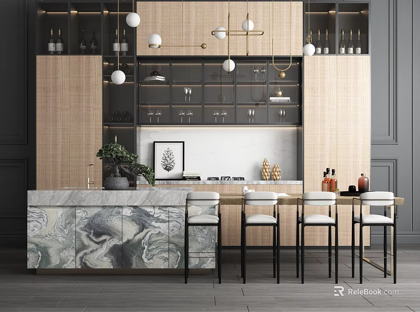 Modern Dining Table Set With Marble Countertop Bar Stools And Wooden Cabinets 3d model