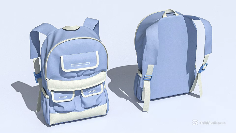 Light Blue Double Shoulder Backpack With White Details And Multiple Pockets 3d model
