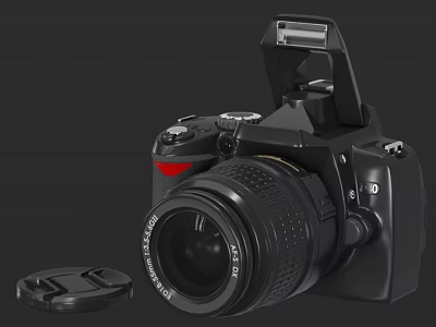 Black Digital Camera With Pop up Flash Detachable Lens And Lens Cap 3d model