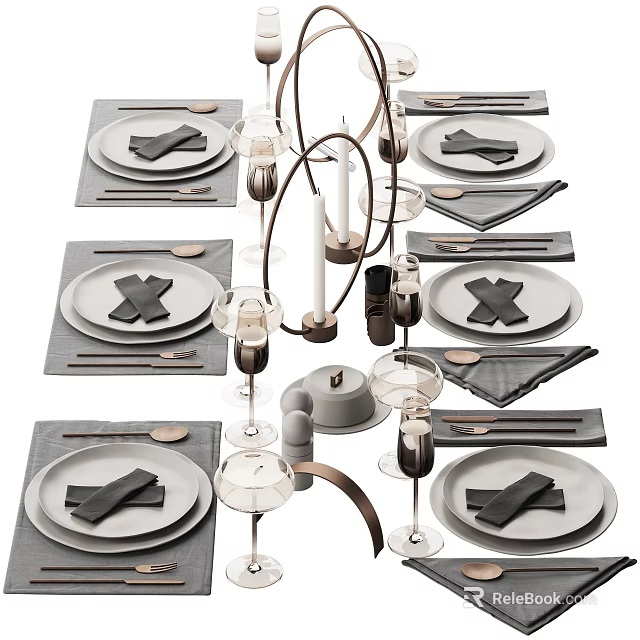 Complete Modern Tableware Set Featuring Plates Napkins Wine Glasses Cutlery And Candle Holders 3d model 