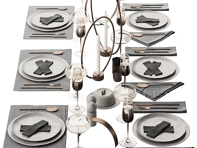 Complete Modern Tableware Set Featuring Plates Napkins Wine Glasses Cutlery And Candle Holders 3d model
