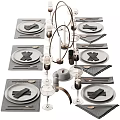 Complete Modern Tableware Set Featuring Plates Napkins Wine Glasses Cutlery And Candle Holders