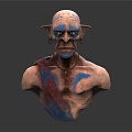 Fantasy Creature Character Bust with Large Ears Wrinkled Skin Colorful Paint Necklace Red Blue Cloth