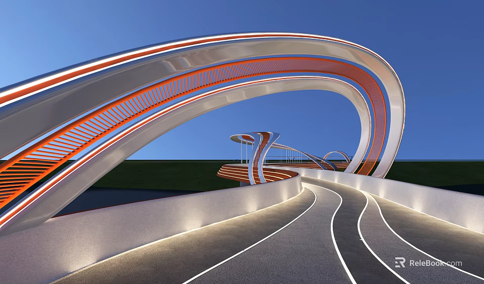 Modern Curved Landscape Bridge With Orange White Structure And Lighted Underneath Road 3d model 