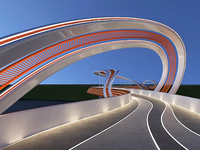 Modern Curved Landscape Bridge With Orange White Structure And Lighted Underneath Road 3d model