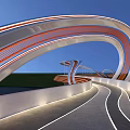 Modern Curved Landscape Bridge With Orange White Structure And Lighted Underneath Road 3d model