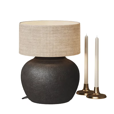 Beige Linen Table Lamp With Textured Black Base And Two White Candles On Brass Holders 3d model