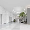 Modern Front Desk Reception Area With Marble Walls Circular Ceiling And Green Plant