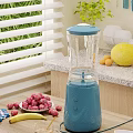 Fresh Plums Bananas And Melon With Blue Blender On Kitchen Table For Healthy Fruit Recipes