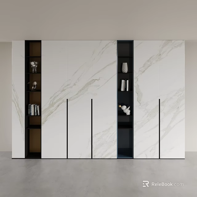 Modern Wardrobe Design With Marble Texture And Black Open Shelves For Decorative Items And Books 3d model 