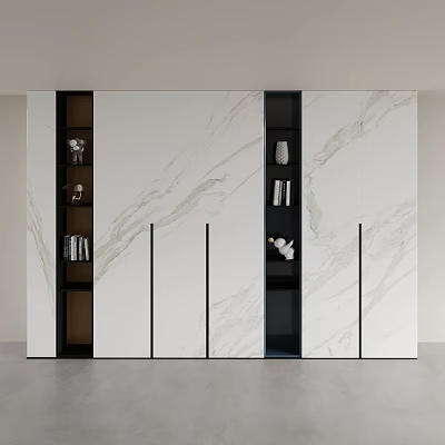Modern Wardrobe Design With Marble Texture And Black Open Shelves For Decorative Items And Books 3d model