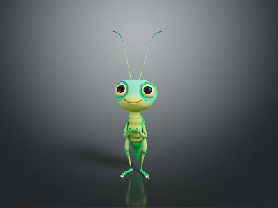Cute Green Cartoon Grasshopper With Big Eyes And Long Antennae On Dark Background 3d model