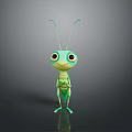 Cute Green Cartoon Grasshopper With Big Eyes And Long Antennae On Dark Background