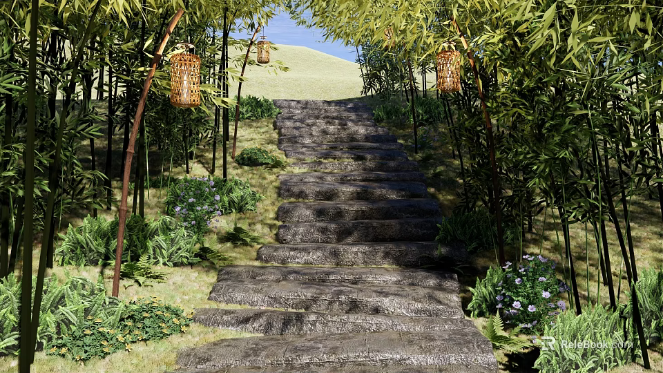 Scenic Park Landscape with Stone Steps Bamboo Trees Hanging Lanterns and Green Plants 3d model 