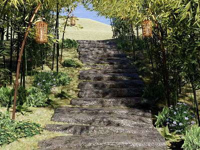 Scenic Park Landscape with Stone Steps Bamboo Trees Hanging Lanterns and Green Plants 3d model