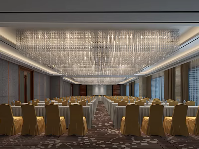 Large Conference Room Interior With Crystal Chandelier Yellow Chair Covers And Arranged Tables 3d model